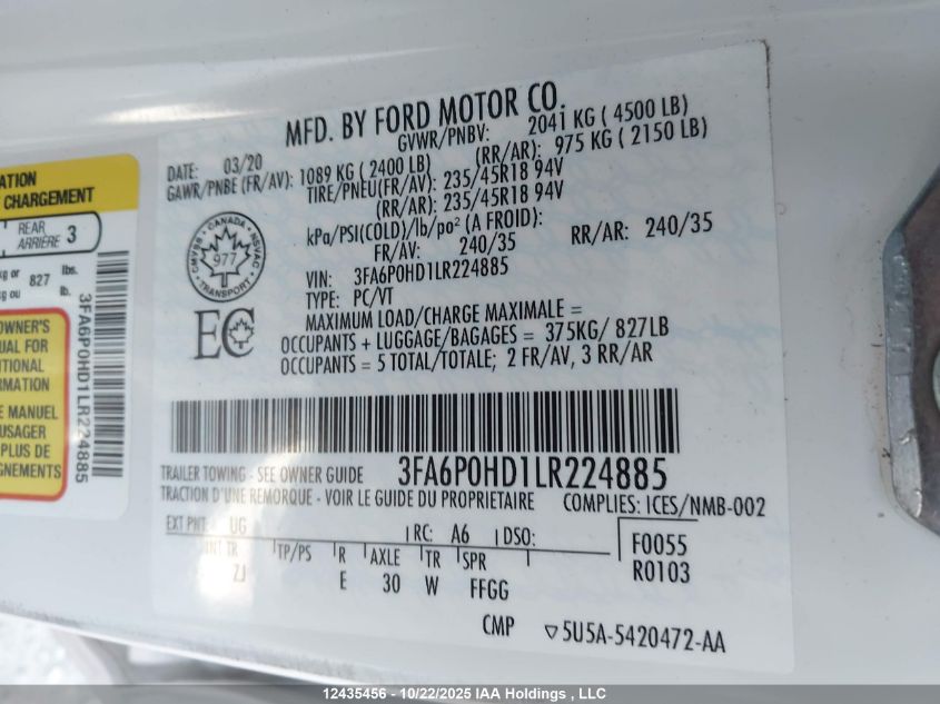 2020 Ford Fusion Se VIN: 3FA6P0HD1LR224885 Lot: 12435456