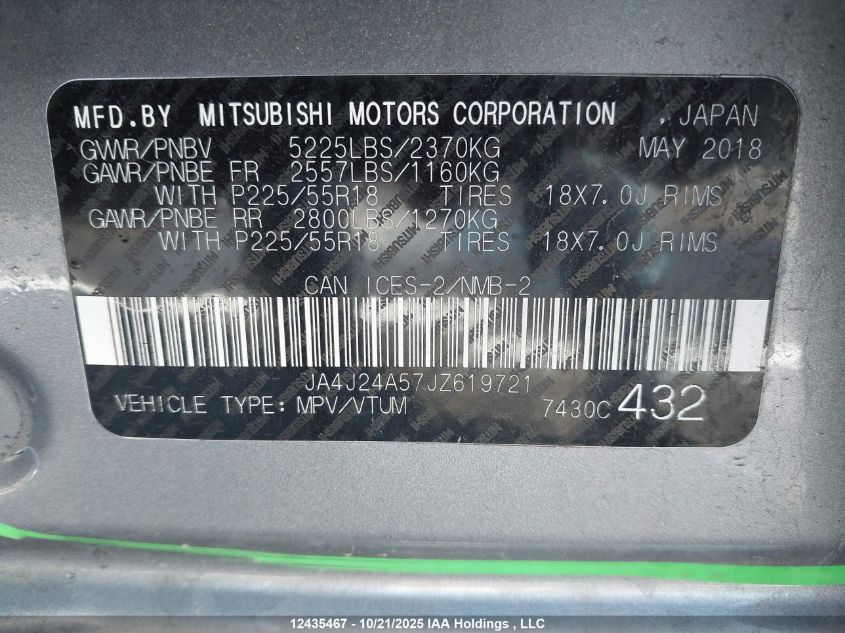 2018 Mitsubishi Outlander Phev Gt/Se VIN: JA4J24A57JZ619721 Lot: 12435467