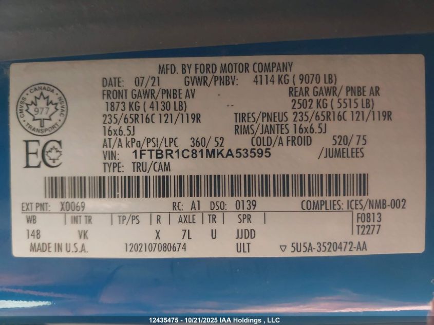 2021 Ford Transit T-250 VIN: 1FTBR1C81MKA53595 Lot: 12435475