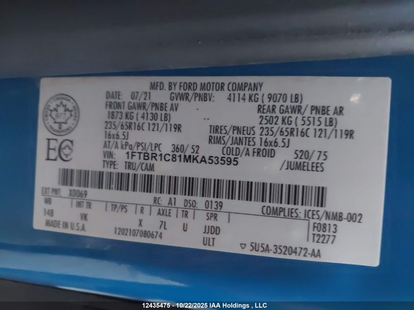2021 Ford Transit T-250 VIN: 1FTBR1C81MKA53595 Lot: 12435475