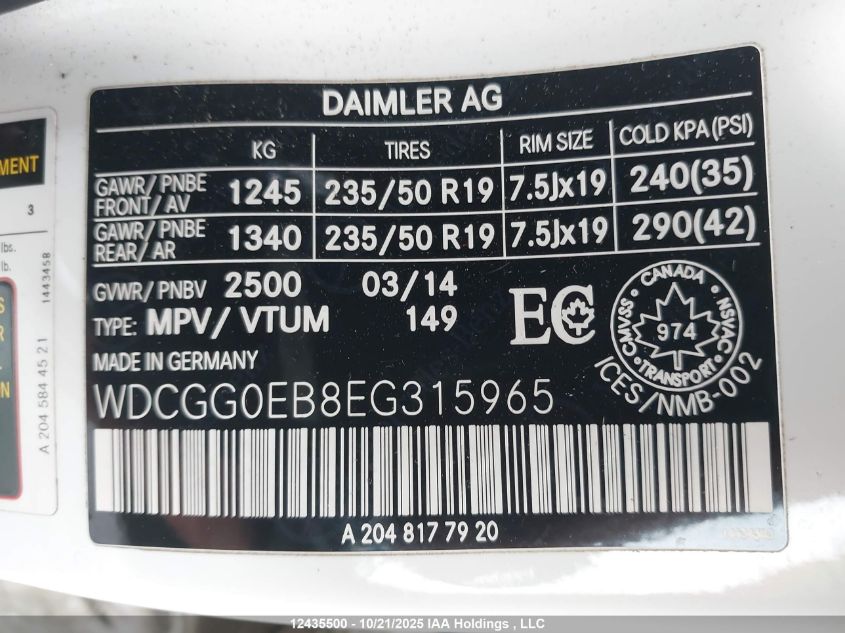 2014 Mercedes-Benz Glk 250 Bluetec 4Matic VIN: WDCGG0EB8EG315965 Lot: 12435500