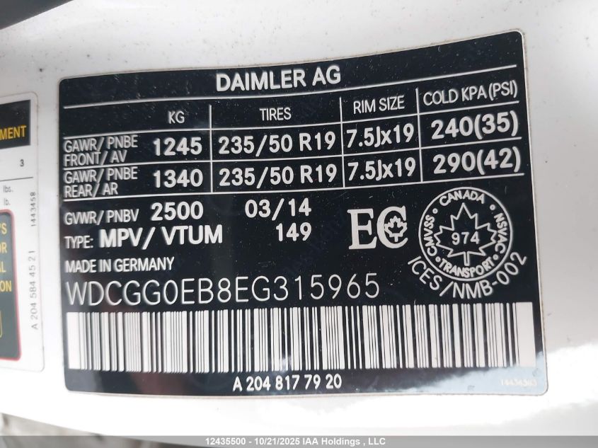 2014 Mercedes-Benz Glk 250 Bluetec 4Matic VIN: WDCGG0EB8EG315965 Lot: 12435500