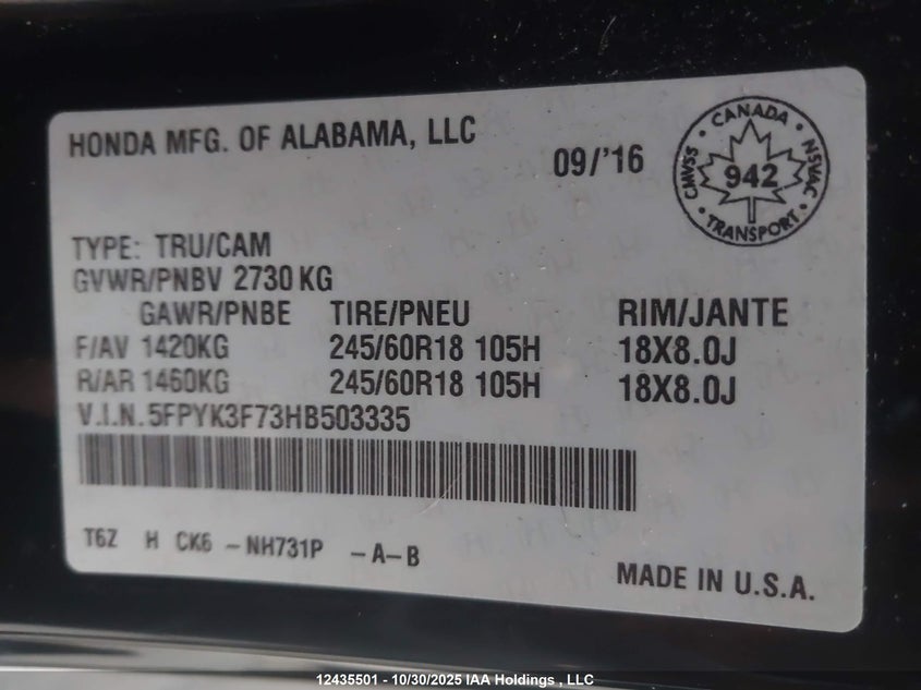 5FPYK3F73HB503335 2017 HONDA RIDGELINE photo no. 18
