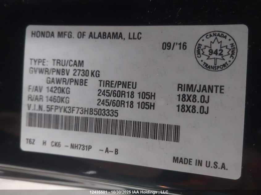 5FPYK3F73HB503335 2017 HONDA RIDGELINE photo no. 9