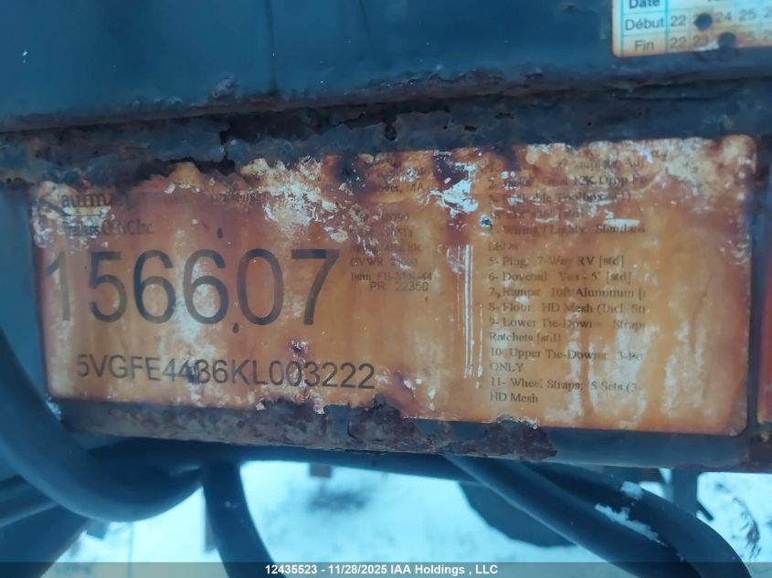 2019 Trailer Domestic VIN: 5VGFE4436KL003222 Lot: 12435523
