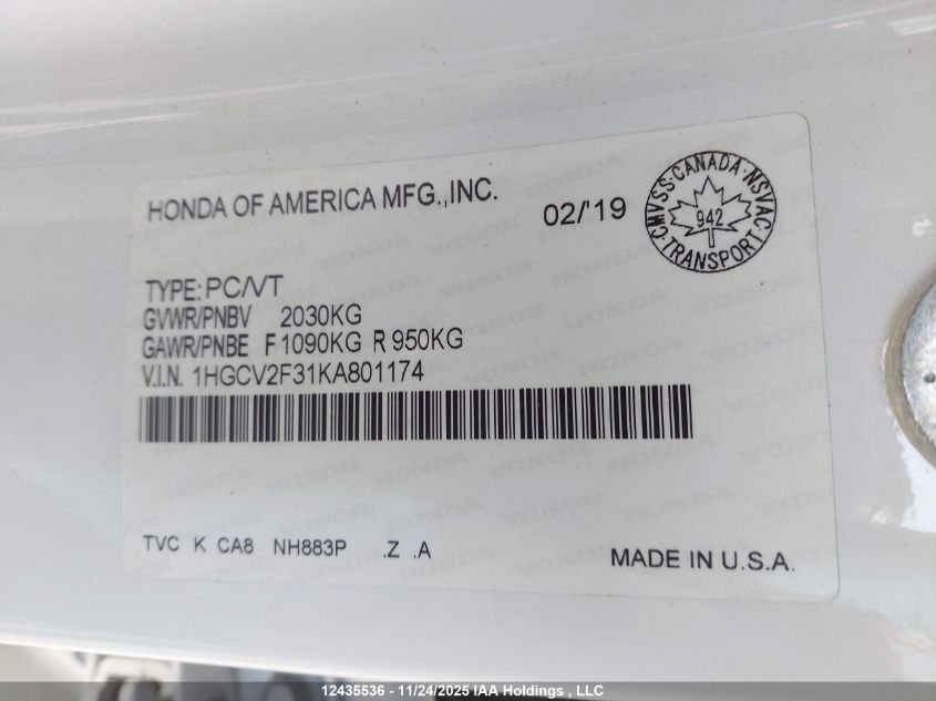 2019 Honda Accord Sport 2.0T VIN: 1HGCV2F31KA801174 Lot: 12435536