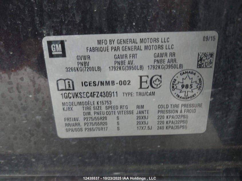 1GCVKSEC4FZ430911 2015 CHEVROLET SILVERADO photo no. 9