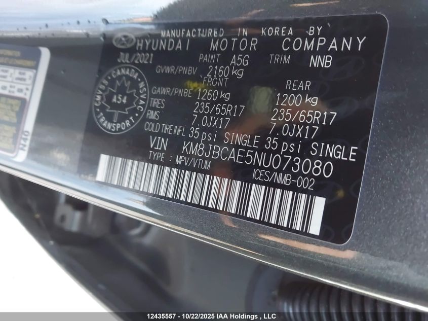 2022 Hyundai Tucson VIN: KM8JBCAE5NU073080 Lot: 12435557