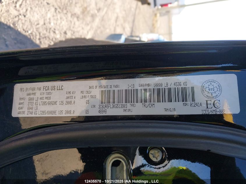 2019 Ram 2500 Laramie VIN: 3C6UR5FL3KG513903 Lot: 12435570