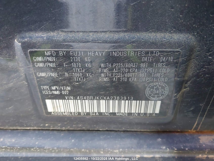 4S4BRJKCXA2383913 2010 SUBARU OUTBACK photo no. 18