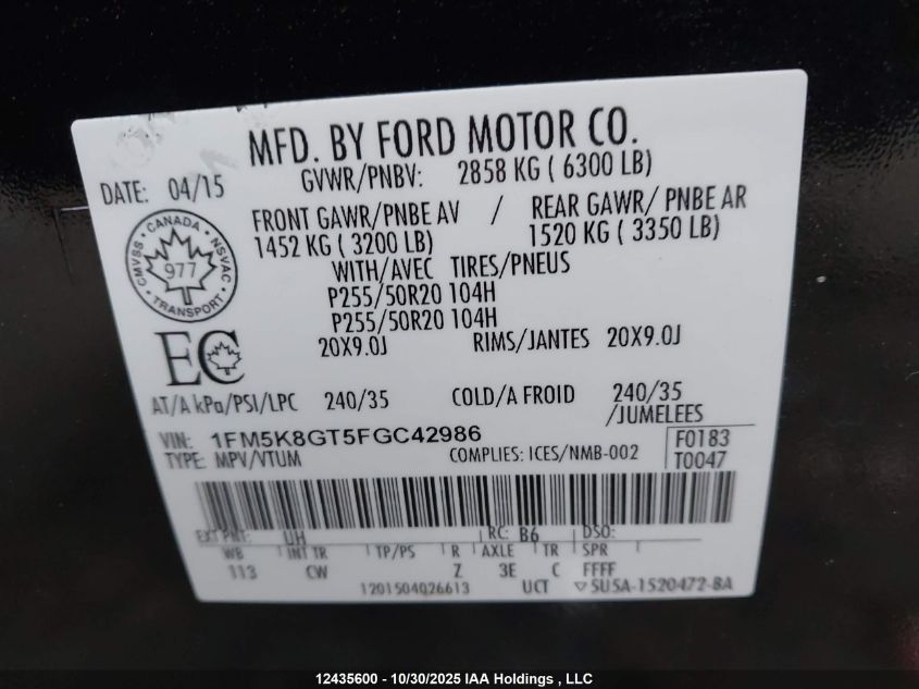 2015 Ford Explorer Sport VIN: 1FM5K8GT5FGC42986 Lot: 12435600