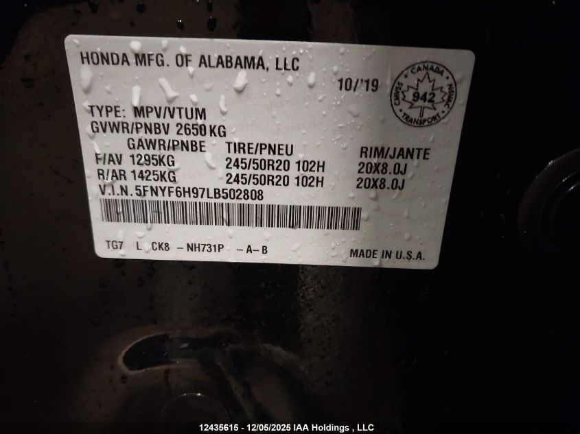 2020 Honda Pilot Touring VIN: 5FNYF6H97LB502808 Lot: 12435615