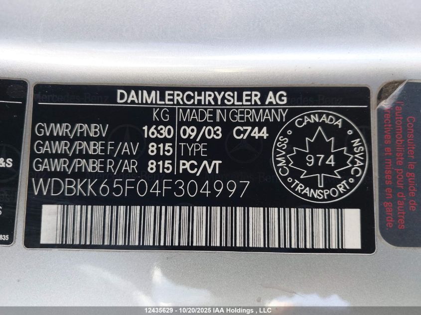 2004 Mercedes-Benz Slk 320 VIN: WDBKK65F04F304997 Lot: 12435629