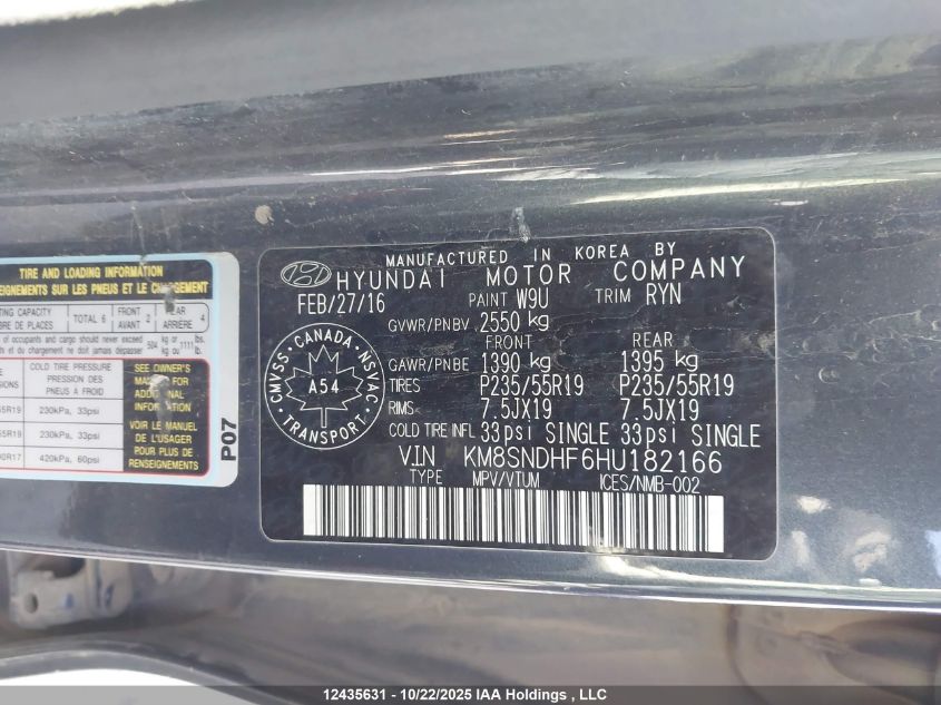 2017 Hyundai Santa Fe Se/Limited VIN: KM8SNDHF6HU182166 Lot: 12435631