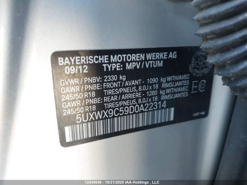 2013 BMW X3 xDrive28I VIN: 5UXWX9C59D0A22314 Lot: 12435658