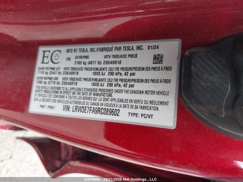 2024 Tesla Model 3 Rwd VIN: LRW3E7FA9RC089602 Lot: 12435684
