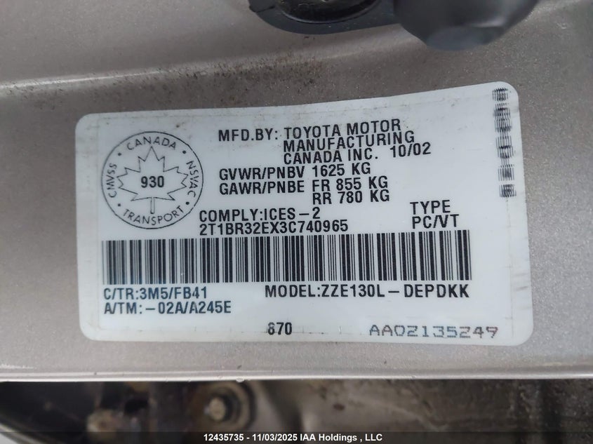 2T1BR32EX3C740965 2003 TOYOTA COROLLA photo no. 9