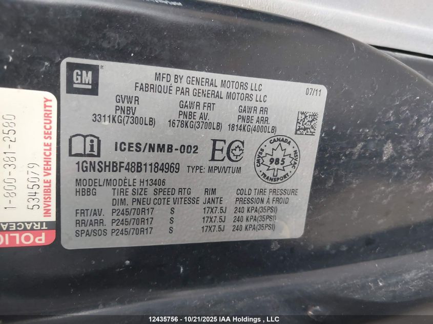 2011 Chevrolet Express VIN: 1GNSHBF48B1184969 Lot: 12435756