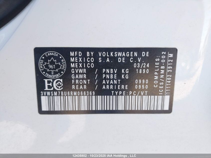 2024 Volkswagen Jetta Comfortline VIN: 3VWSM7BU6RM066369 Lot: 12435802