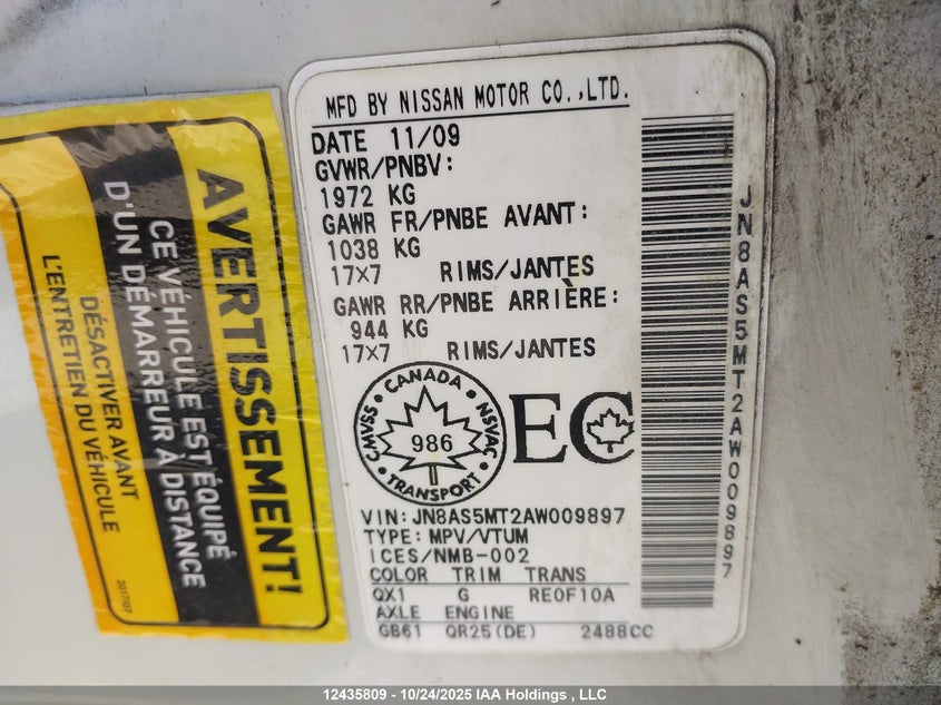 JN8AS5MT2AW009897 2010 NISSAN ROGUE photo no. 9
