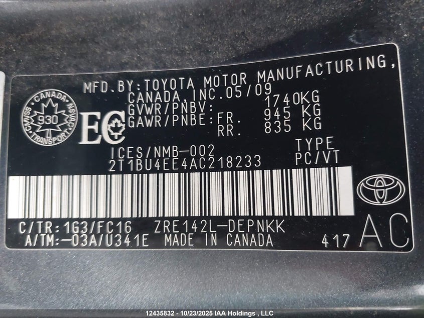 2T1BU4EE4AC218233 2010 TOYOTA COROLLA photo no. 9