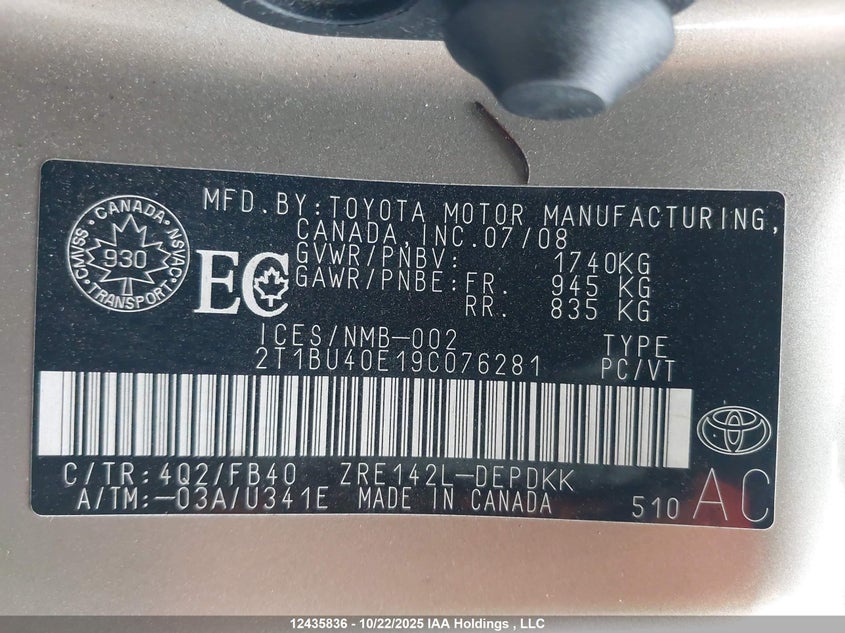 2T1BU40E19C076281 2009 TOYOTA COROLLA photo no. 18