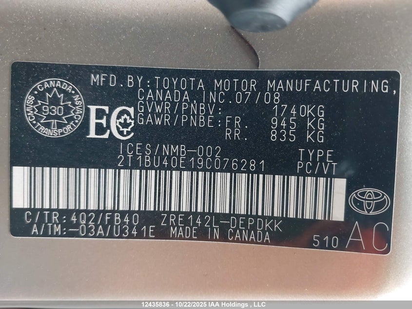 2T1BU40E19C076281 2009 TOYOTA COROLLA photo no. 9