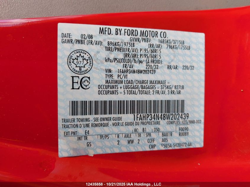 2008 Ford Focus S/Se VIN: 1FAHP34N48W202439 Lot: 12435858