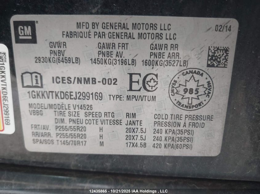 2014 GMC Acadia Denali VIN: 1GKKVTKD6EJ299169 Lot: 12435865