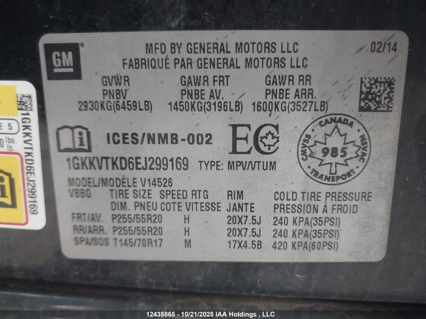 2014 GMC Acadia Denali VIN: 1GKKVTKD6EJ299169 Lot: 12435865