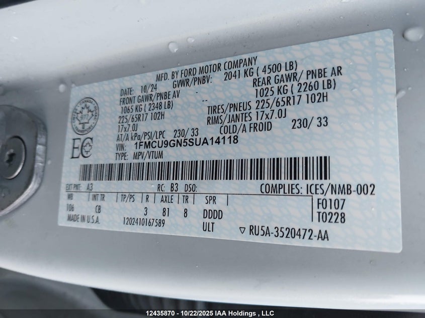 2025 Ford Escape 1.5 Active white Lot 111012435870 Vin 1FMCU9GN5SUA14118