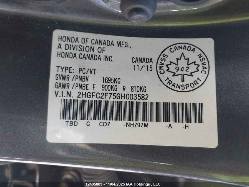 2016 Honda Civic Ex VIN: 2HGFC2F75GH003582 Lot: 12435889