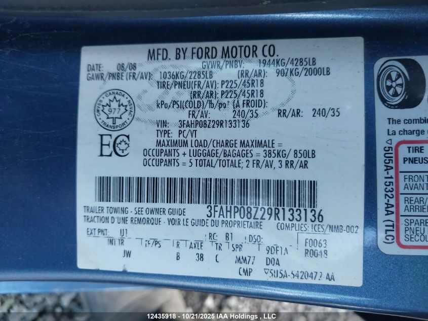 2009 Ford Fusion Sel VIN: 3FAHP08Z29R133136 Lot: 12435918