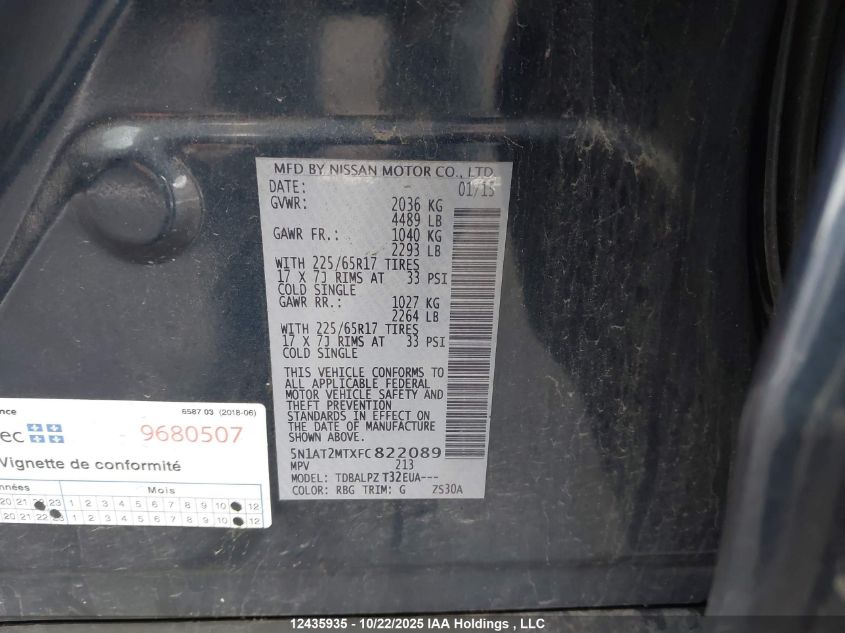 2015 Nissan Rogue VIN: 5N1AT2MTXFC822089 Lot: 12435935