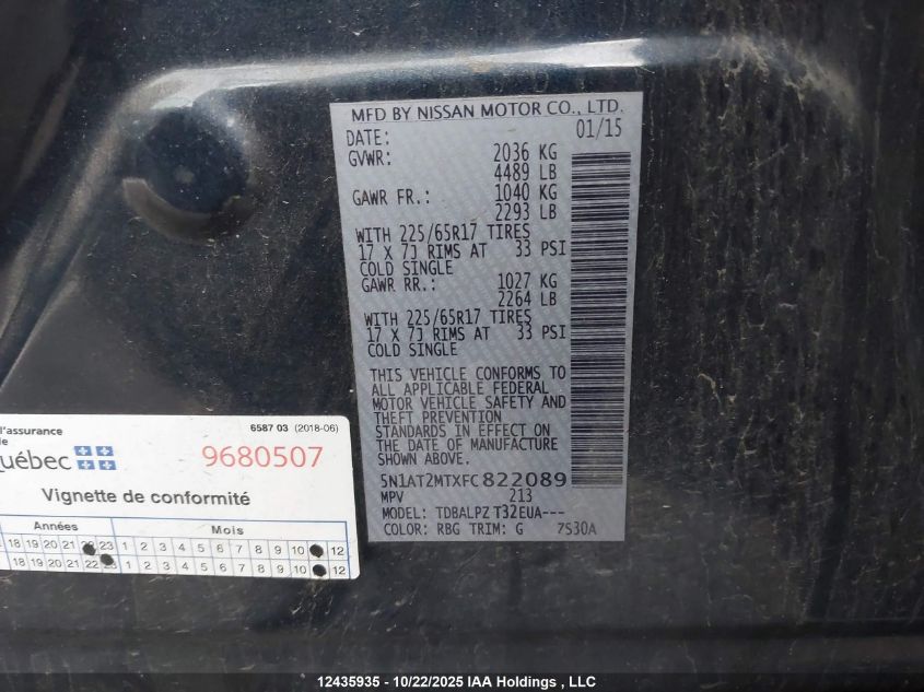 2015 Nissan Rogue VIN: 5N1AT2MTXFC822089 Lot: 12435935