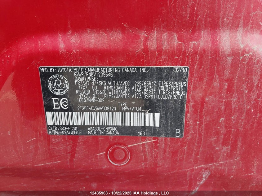 2010 Toyota Rav4 VIN: 2T3BF4DV6AW039421 Lot: 12435963