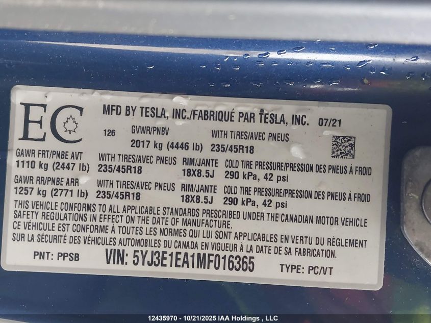 2021 Tesla Model 3 Standard Range/Standard Range Plus VIN: 5YJ3E1EA1MF016365 Lot: 12435970