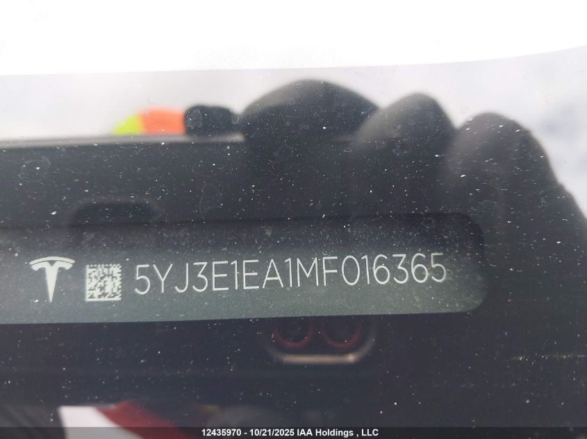 2021 Tesla Model 3 Standard Range/Standard Range Plus VIN: 5YJ3E1EA1MF016365 Lot: 12435970
