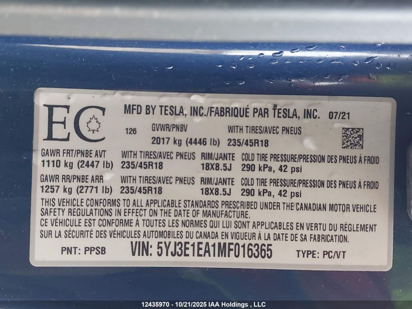 2021 Tesla Model 3 Standard Range/Standard Range Plus VIN: 5YJ3E1EA1MF016365 Lot: 12435970