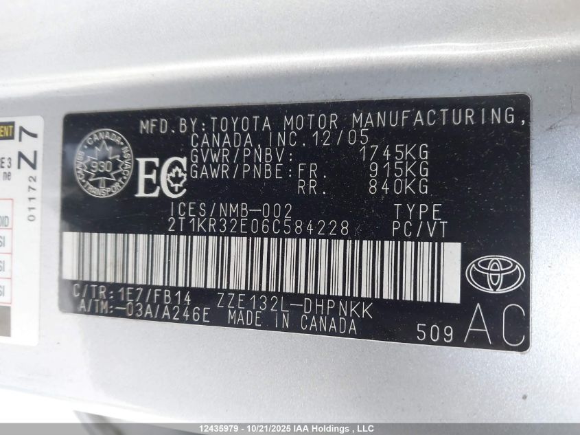 2006 Toyota Matrix Wagon VIN: 2T1KR32E06C584228 Lot: 12435979