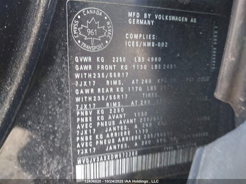 2013 Volkswagen Tiguan S/Se/Sel VIN: WVGJV3AXXDW572288 Lot: 12436020