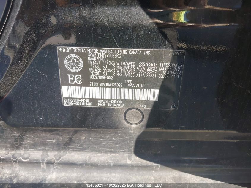 2011 Toyota Rav4 VIN: 2T3BF4DV1BW126029 Lot: 12436021