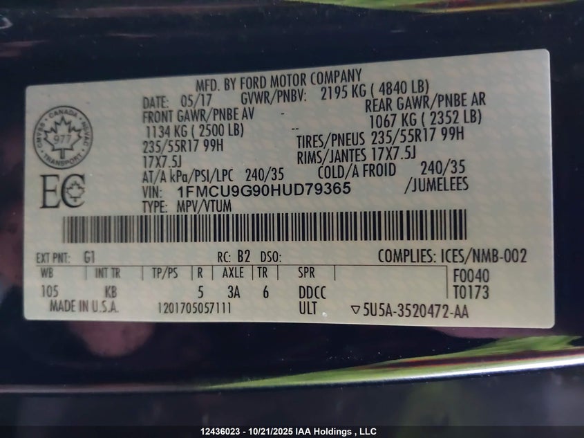 2017 Ford Escape Se VIN: 1FMCU9G90HUD79365 Lot: 12436023