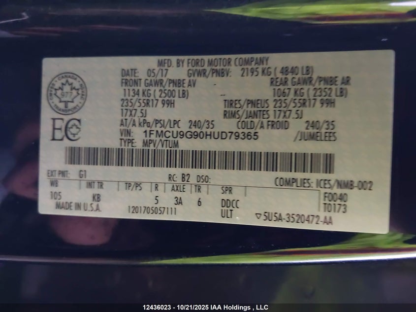 2017 Ford Escape Se VIN: 1FMCU9G90HUD79365 Lot: 12436023