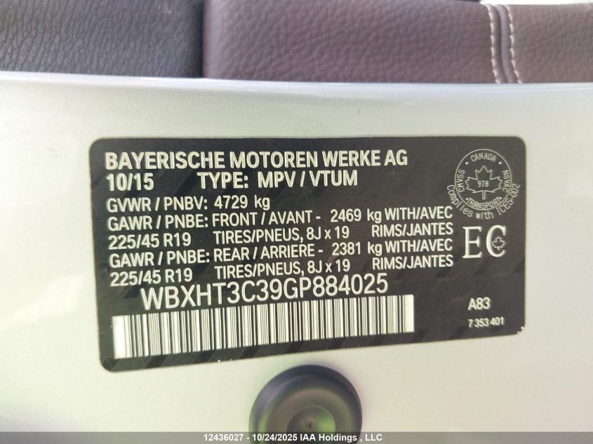 2016 BMW X1 xDrive28I VIN: WBXHT3C39GP884025 Lot: 12436027