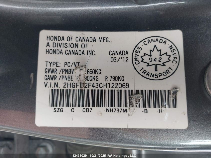 2012 Honda Civic Lx VIN: 2HGFB2F43CH122069 Lot: 12436029