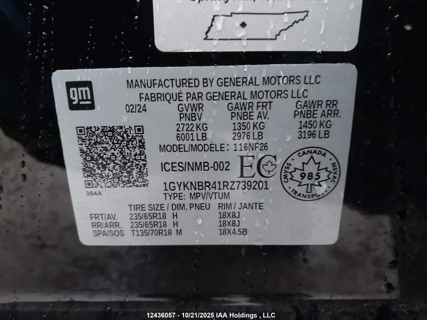 2024 Cadillac Xt5 Luxury VIN: 1GYKNBR41RZ739201 Lot: 12436057