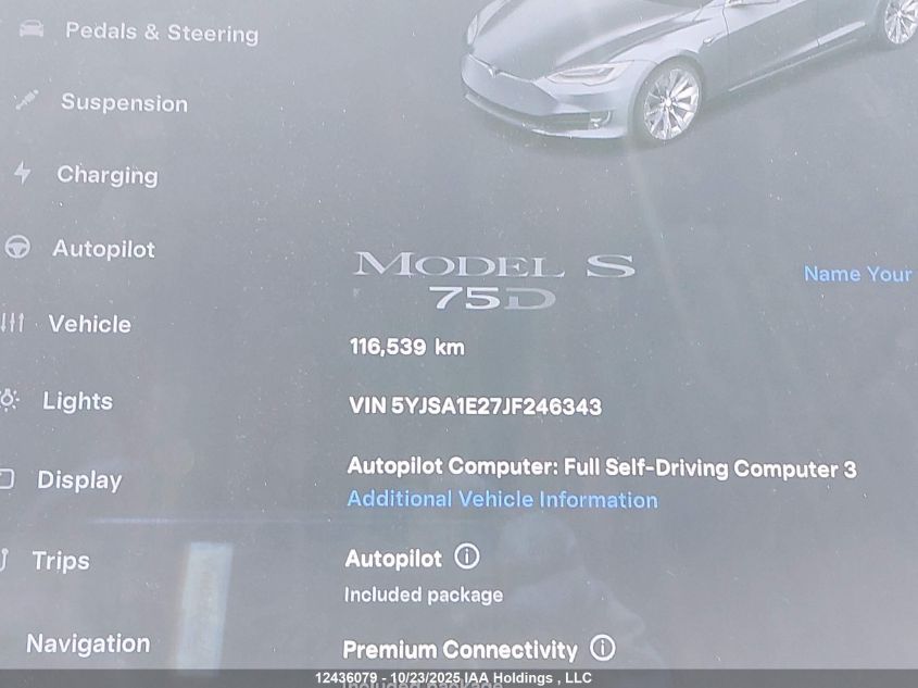 2018 Tesla Model S 100D/75D/P100D VIN: 5YJSA1E27JF246343 Lot: 12436079