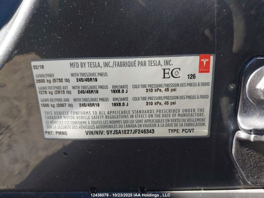 2018 Tesla Model S 100D/75D/P100D VIN: 5YJSA1E27JF246343 Lot: 12436079
