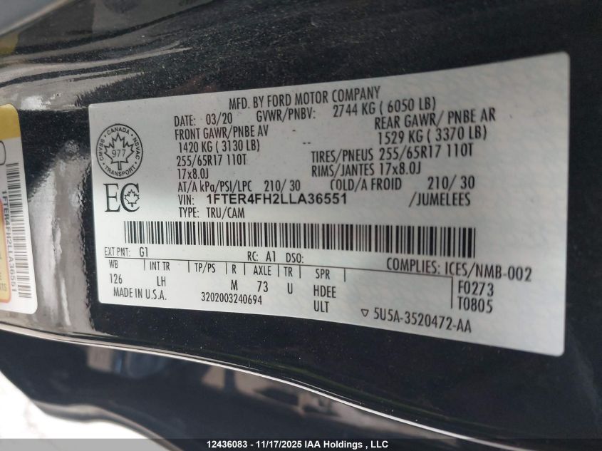 2020 Ford Ranger Xlt VIN: 1FTER4FH2LLA36551 Lot: 12436083